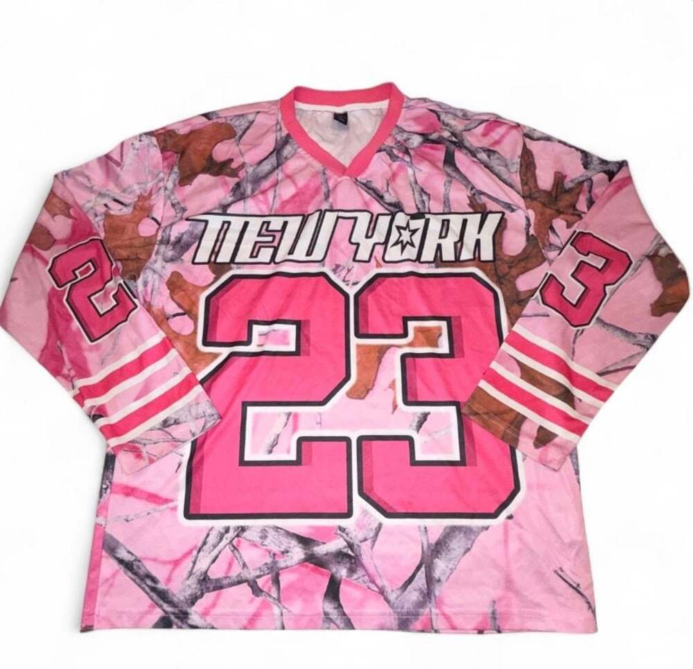 ROMWE Men's Pink Camo Long Sleeve V-Neck Football Jersey Style T-Shirt